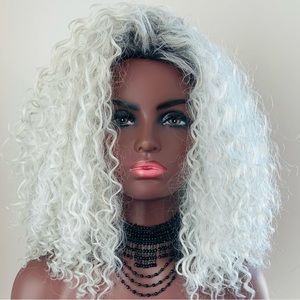 “Put On & Go” Ombre White Grey Premium Fiber Curly Wig for Daily Wear or Events